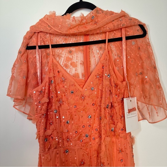 NEW Mac Duggal Beaded Floral Illusion Short Cape Sleeve Sheath Gown Coral 14 - Picture 6 of 9